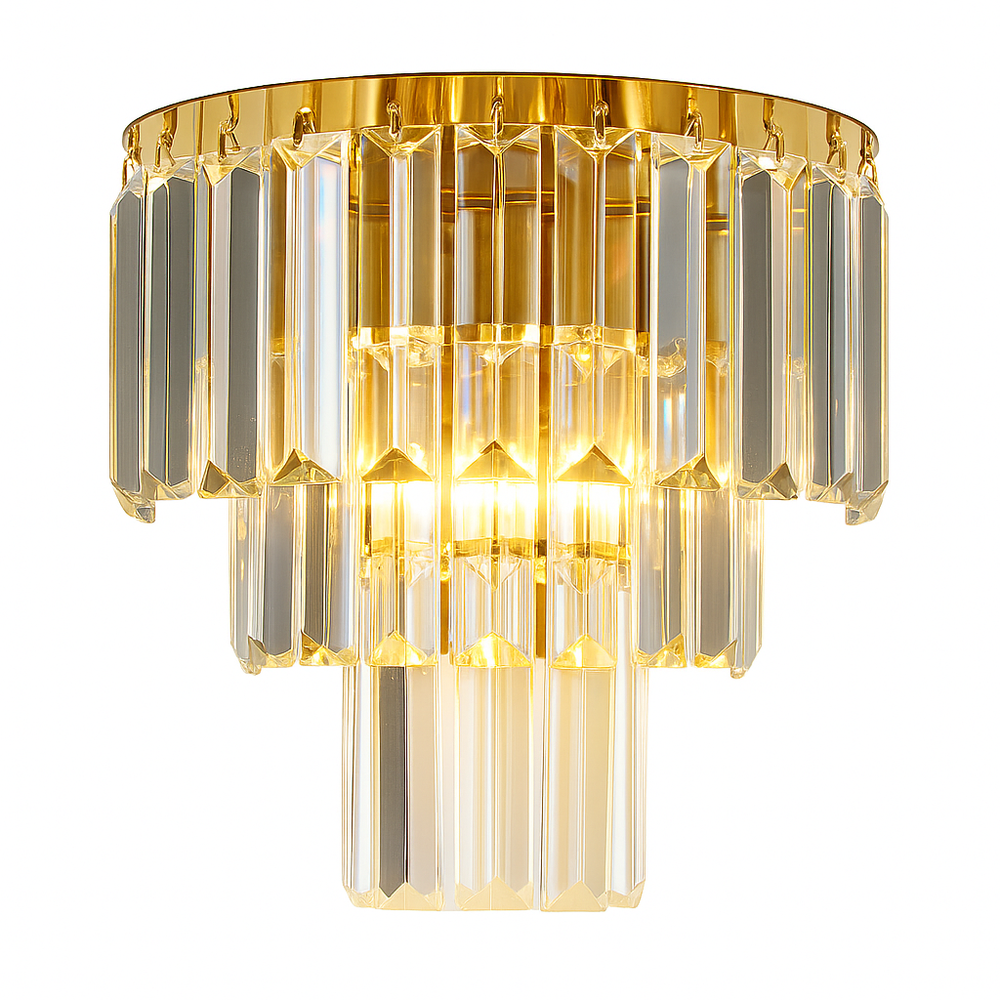 fermo gold crystal wall light with tiered faceted prisms on a pure white background