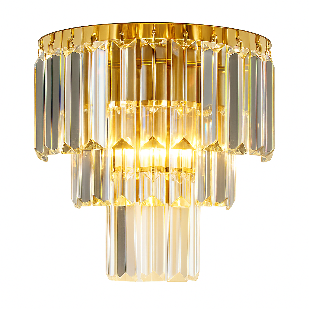fermo gold crystal wall light with tiered faceted prisms on a pure white background