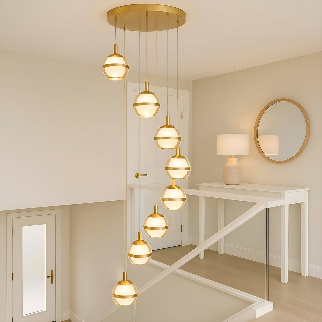 Forbes 8 light gold pendant over staircase