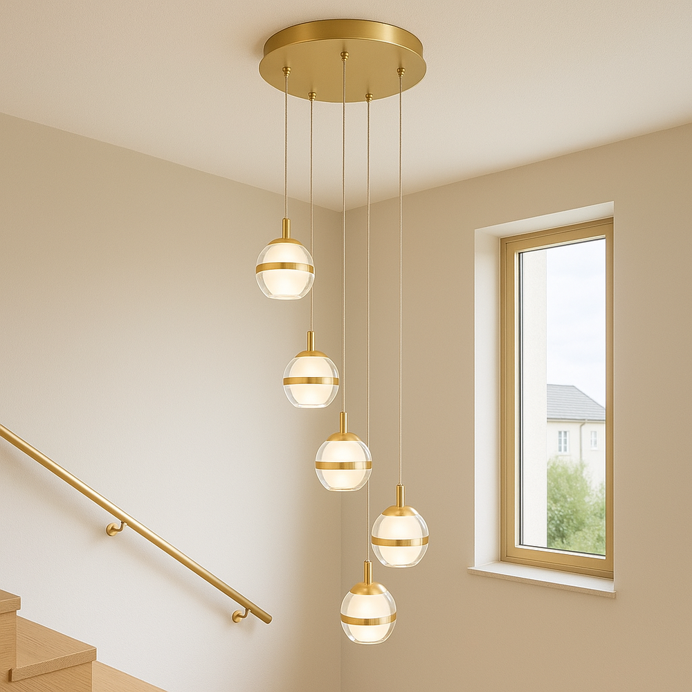 Forbes gold 5 light pendant over staircase