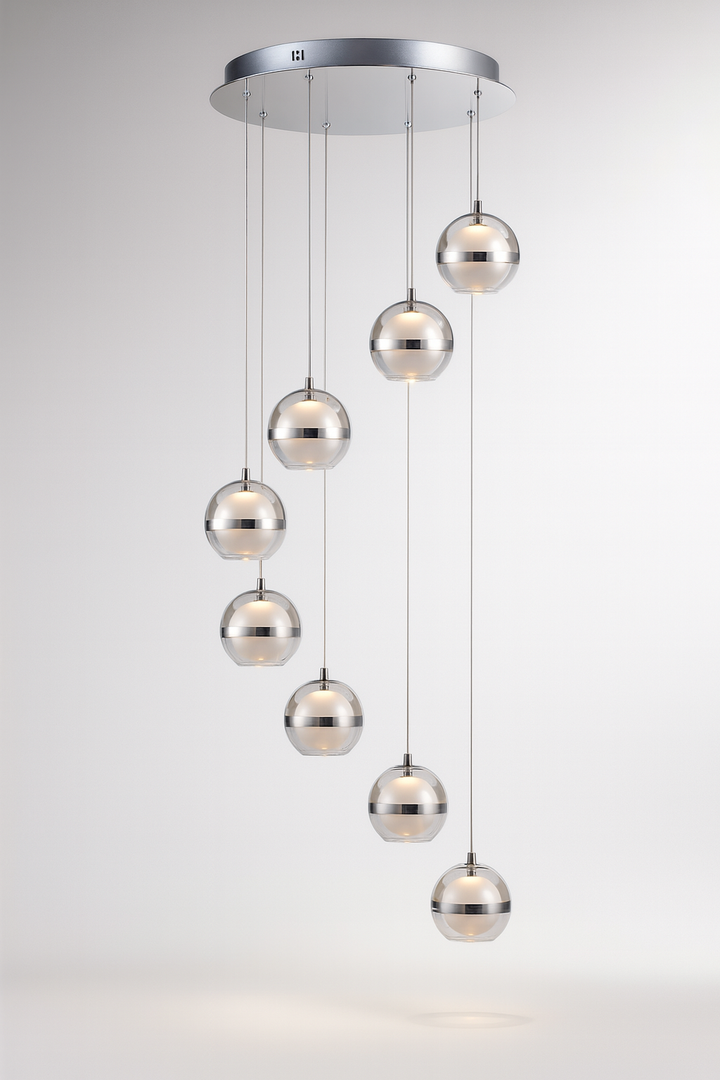 Forbes polished silver 8 light glass pendant chandelier