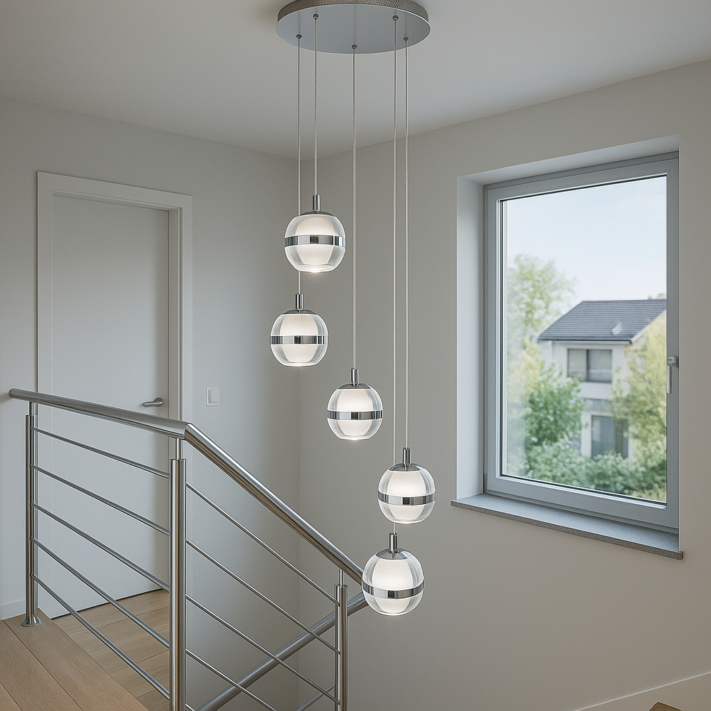 Forbes silver 5 light pendant over staircase