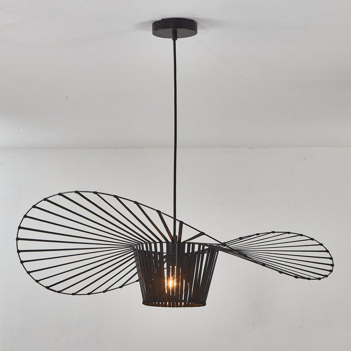 Modern black pendant light fixture on a white ceiling