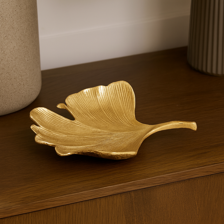 Luxury ginkgo leaf large gold decorative dish with textured antique finish styled for modern home décor