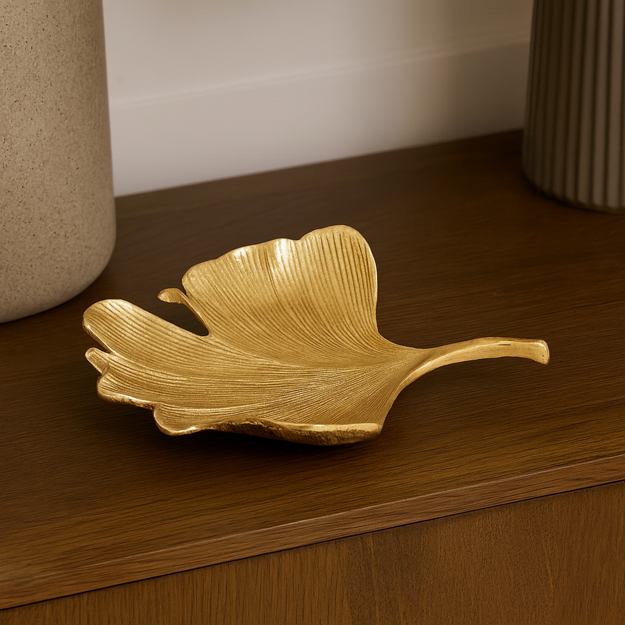 Luxury ginkgo leaf large gold decorative dish with textured antique finish styled for modern home décor