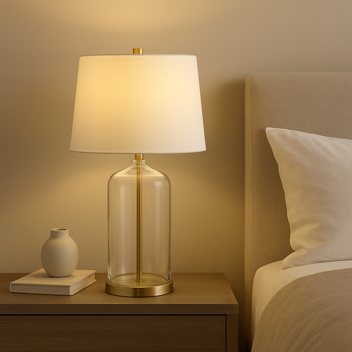 Luxury glass and gold table lamp with white shade styled on a wooden bedside table in a modern neutral bedroom