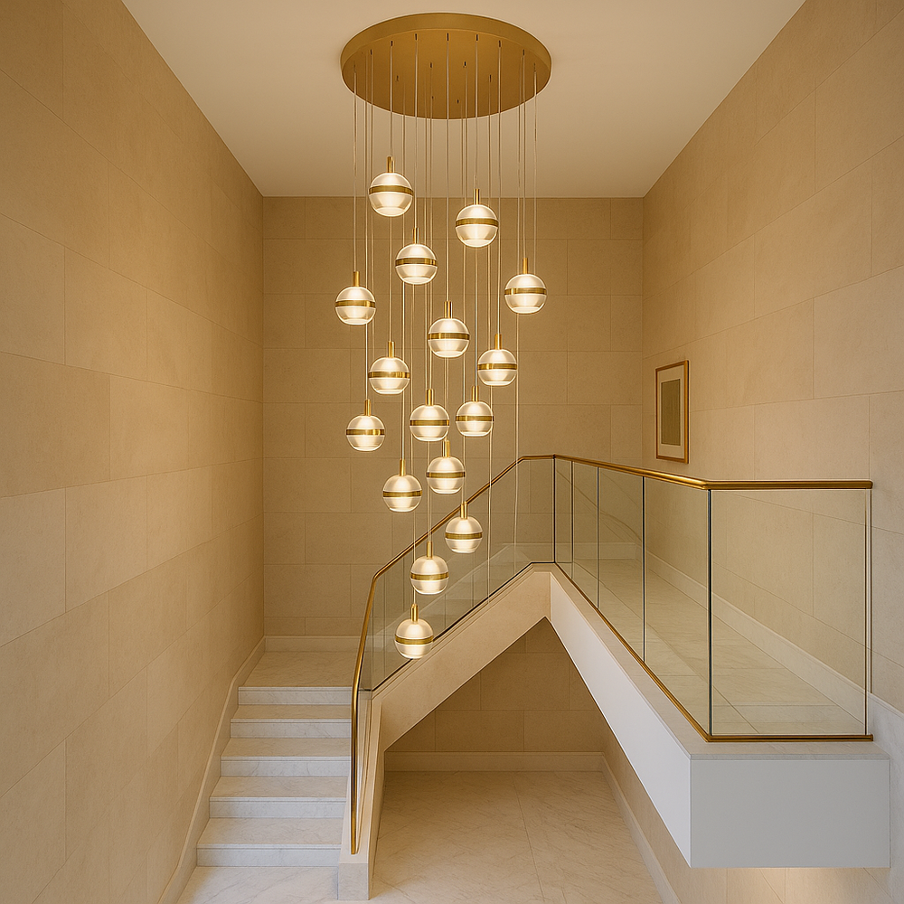 Gold 20 light chandelier in a modern luxury marble stairwell