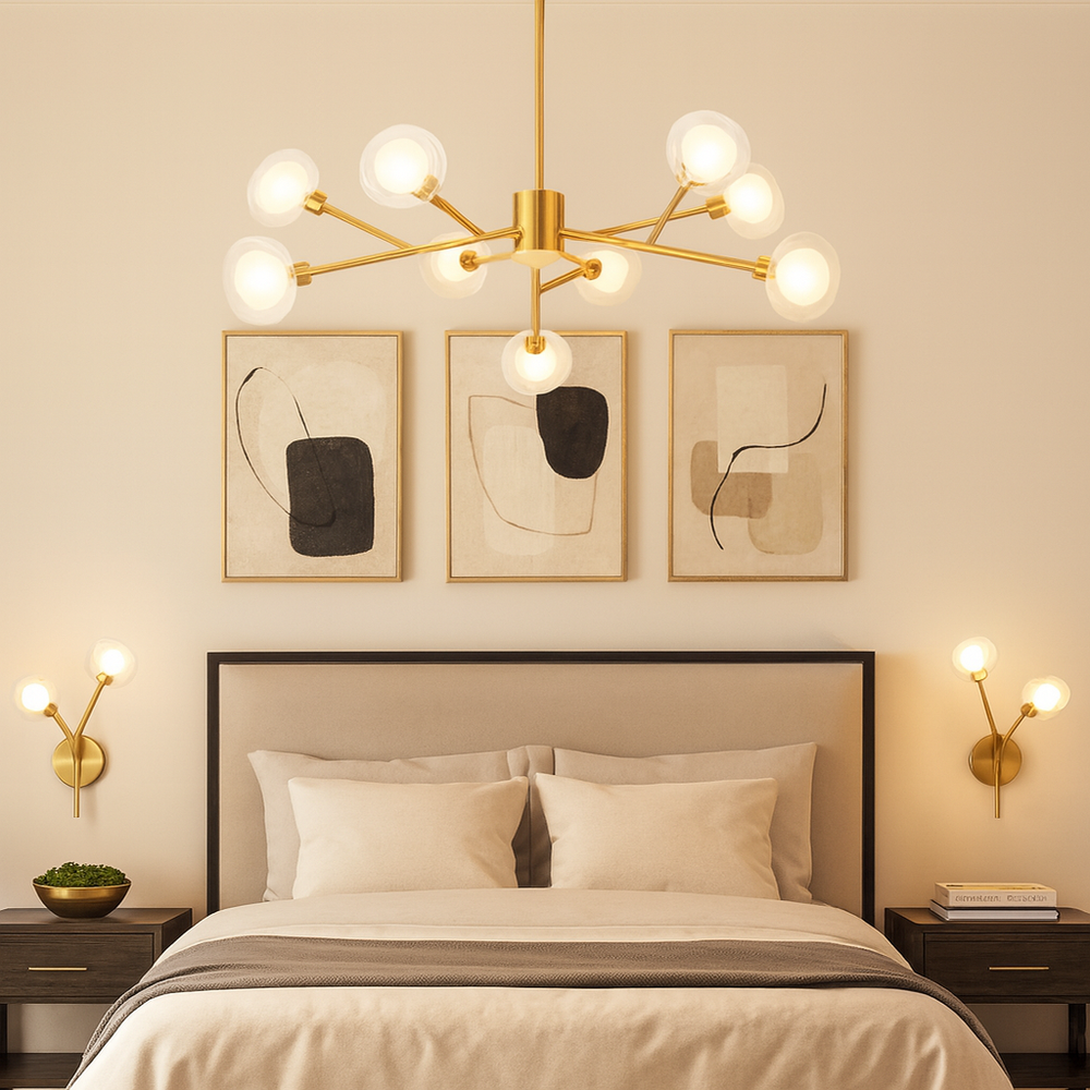 Luxury bedroom with gold 8-light chandelier above bed, complemented by gold wall lights, abstract artwork, and warm neutral décor.