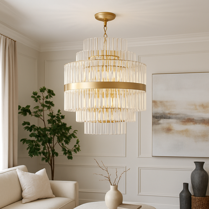 Gold crystal tiered chandelier in luxury living room