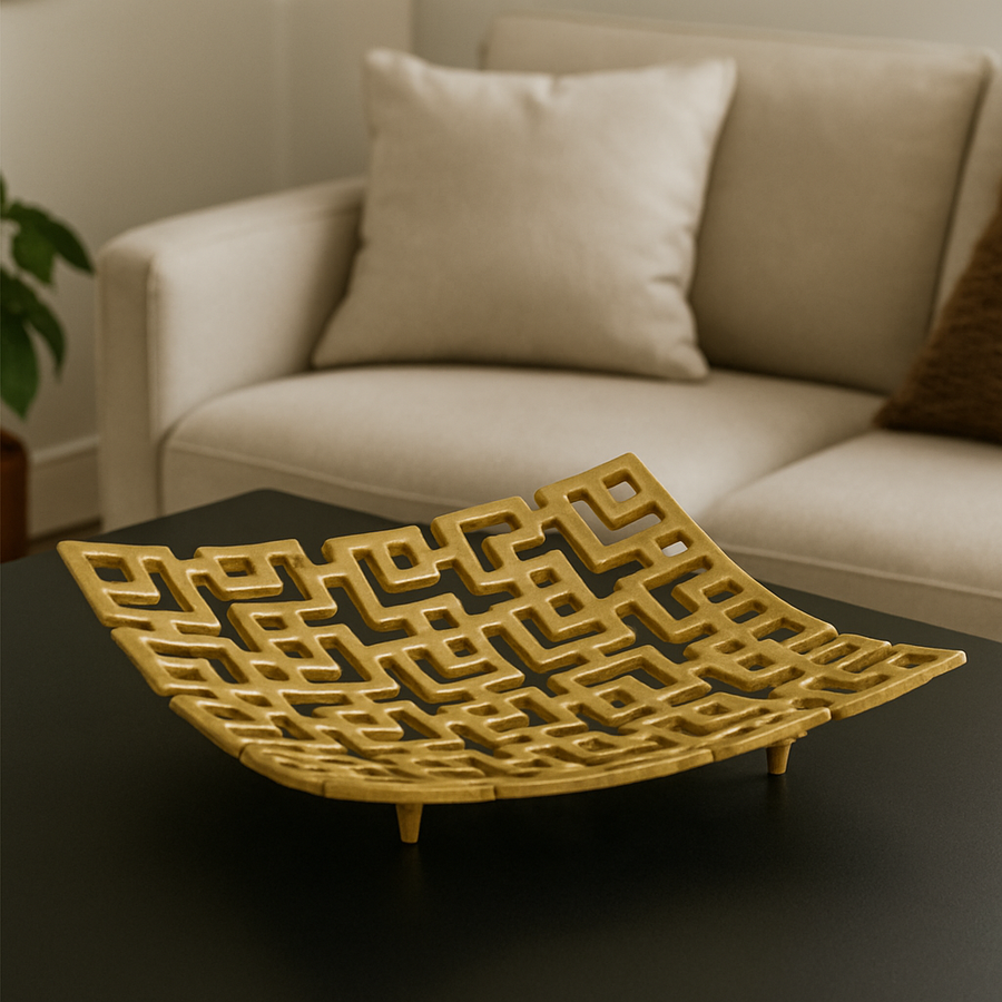 Luxury gold geometric decorative metal bowl styled on a black surface in a modern neutral living room