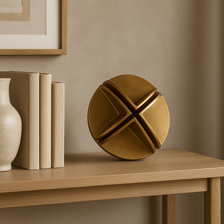 Luxury gold geometric sphere sculpture styled at an angle on a light wood sideboard with neutral books, ceramic vase, and minimalist artwork