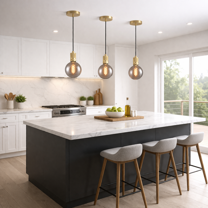 brass pendant smoked glass bulbs kitchen island
