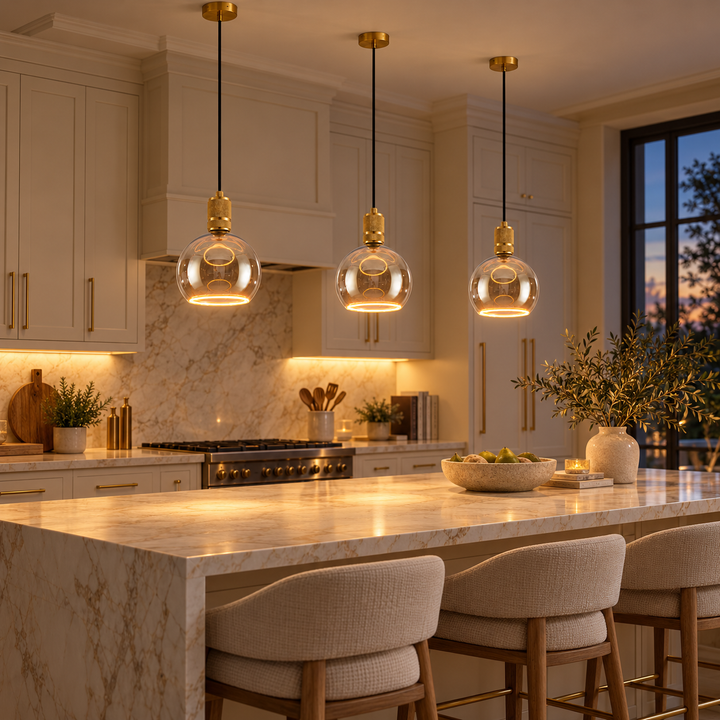 Three gold knurled Roma pendants with smoked glass aura ring bulbs above a marble kitchen island, styled with cream cabinets and gold accents in warm evening light.