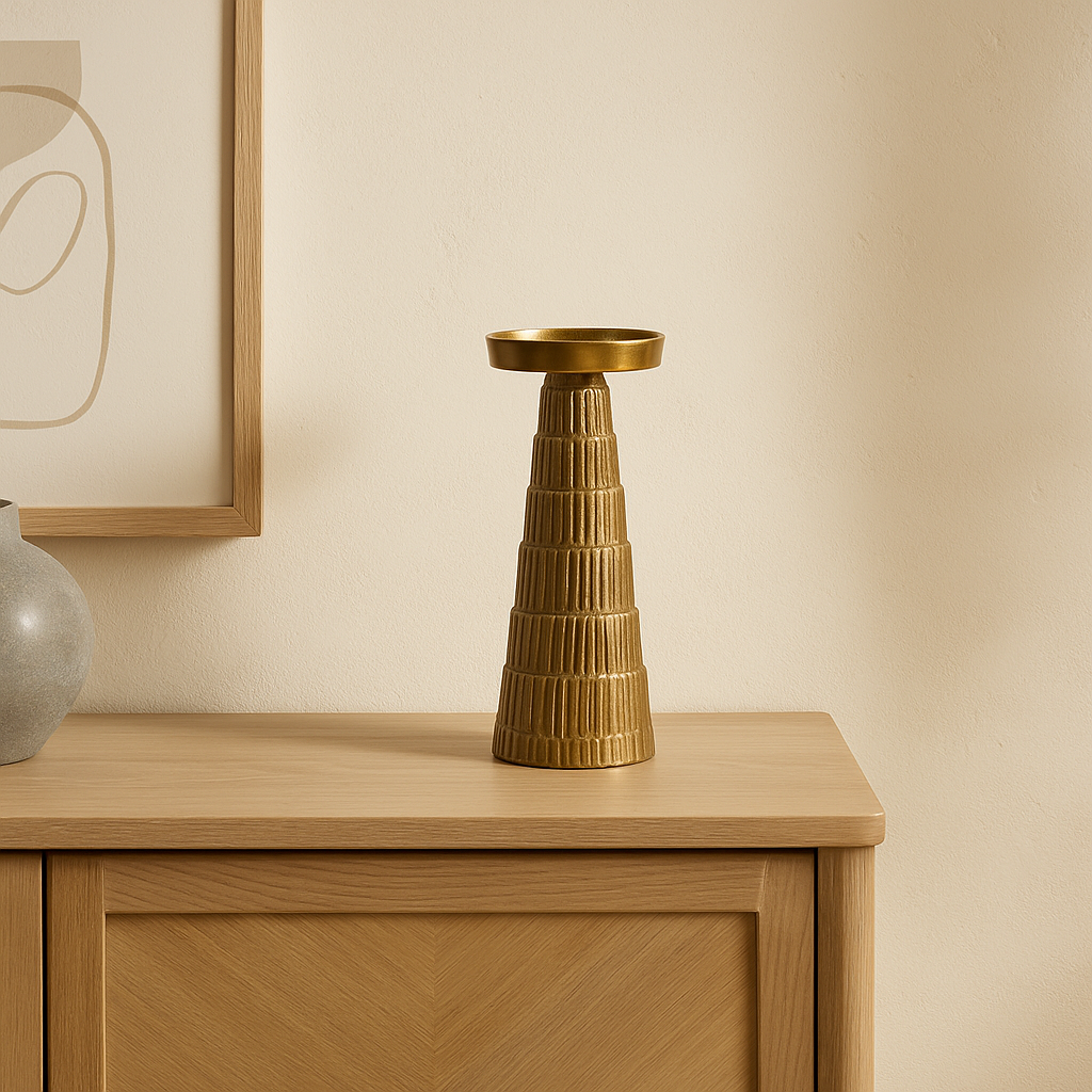 Luxury gold metal candlestick with ridged design displayed on a modern oak sideboard in a neutral home interio