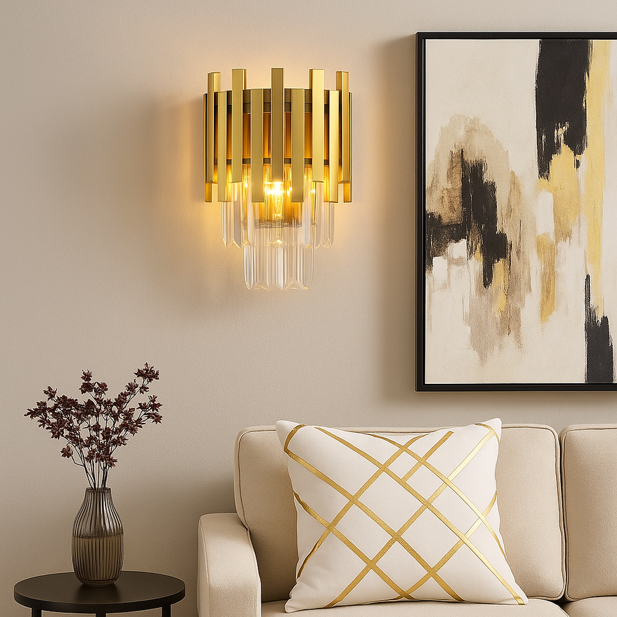 Luxury living room with gold wall light and modern cushion with gold accents on cream sofa