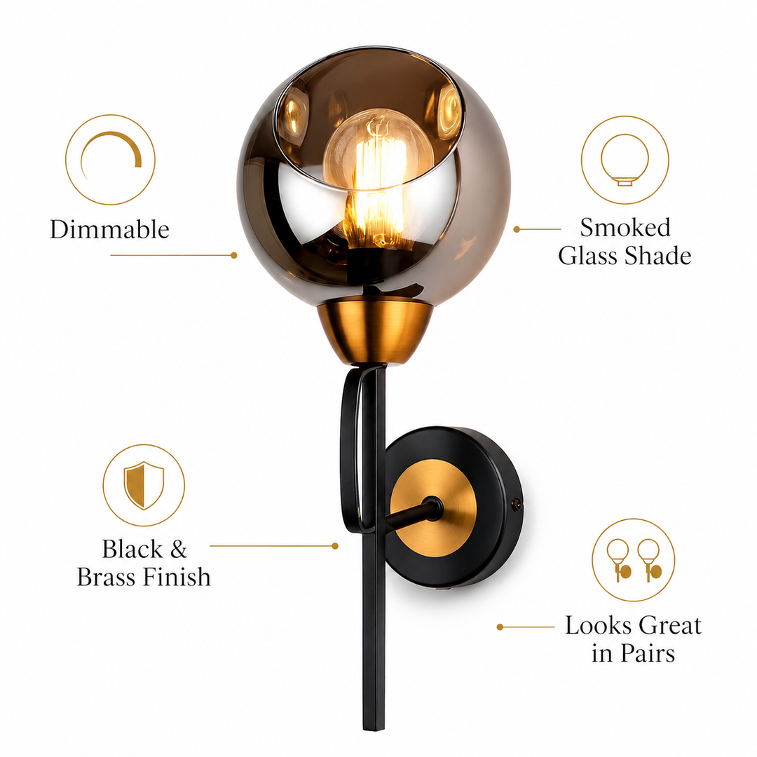 Grafton smoked glass wall light infographic