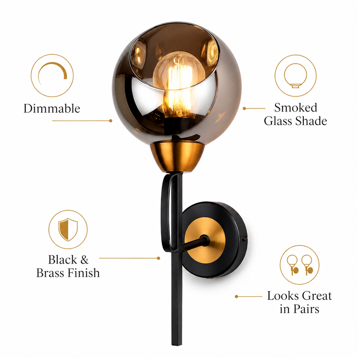 Grafton smoked glass wall light infographic