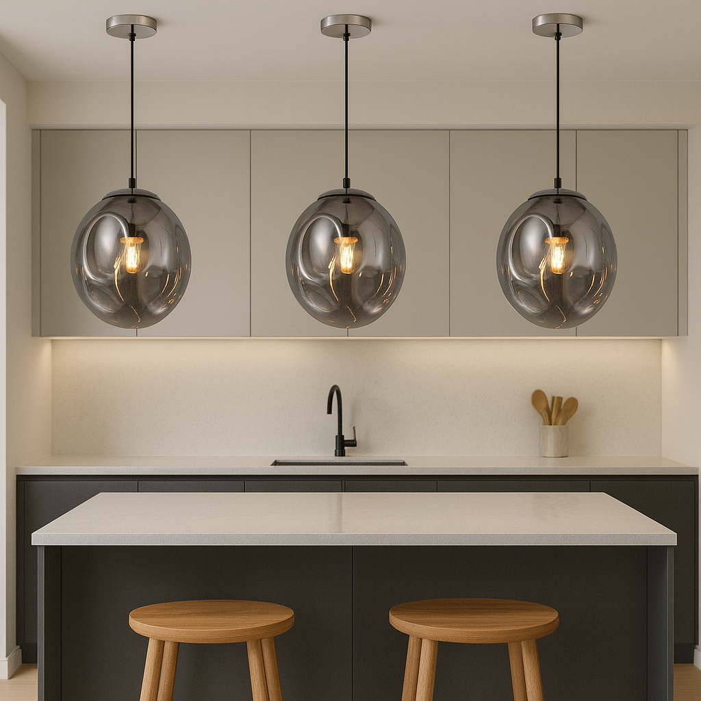 Griffith smoked glass pendant lights above modern kitchen island
