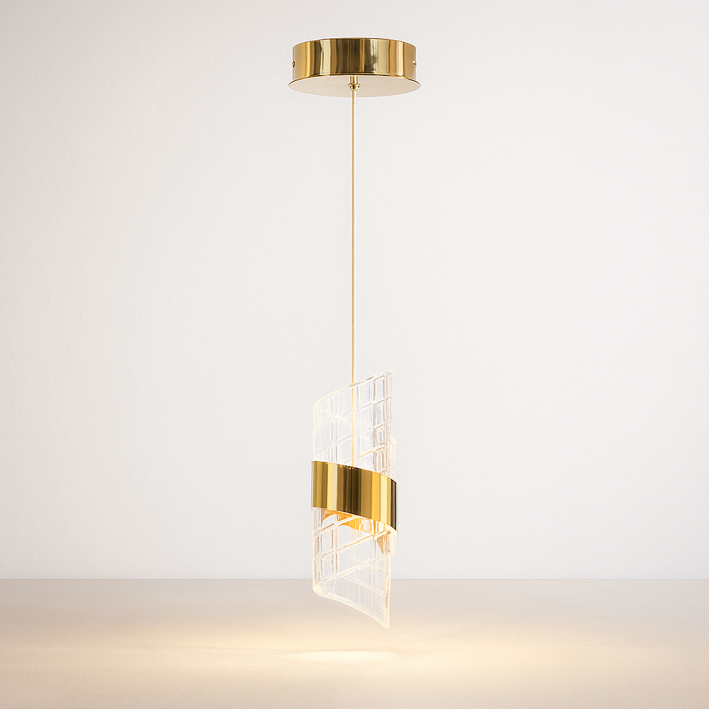 Harlow scroll glass gold pendant light full view