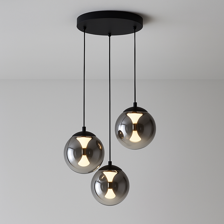 Modern Havant 3 light pendant with smoked glass globes and black ceiling plate, attached to a ceiling.