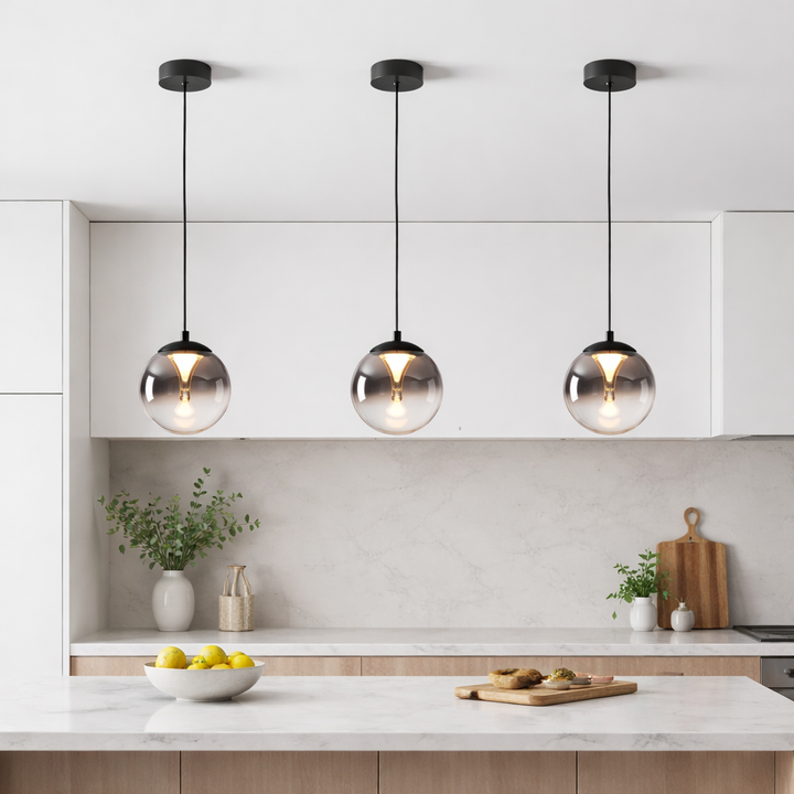 Havant smoked glass pendant lights over kitchen island