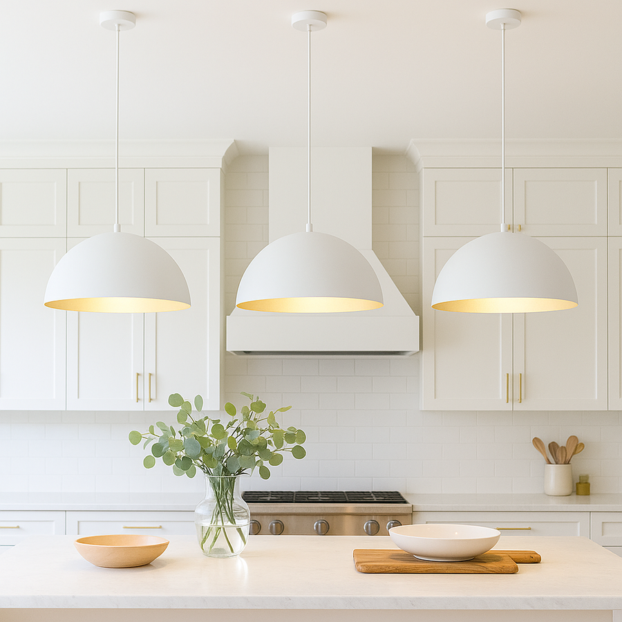 White dome pendant lights with gold accents above modern kitchen island.