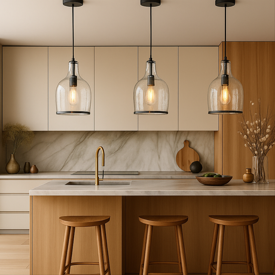 Horsham glass pendant light with clear bubbled shade hanging above modern kitchen island with wooden stools