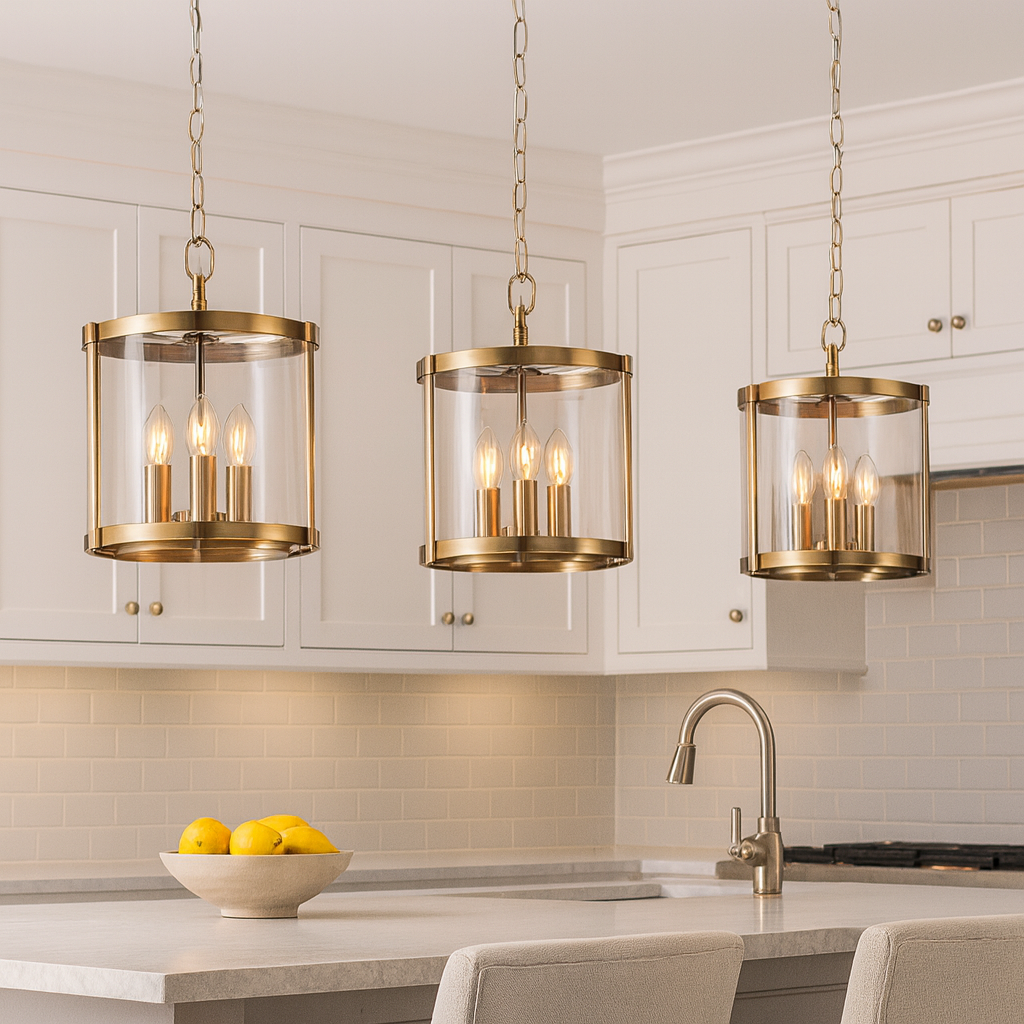 Hudson antique brass lanterns above marble kitchen island