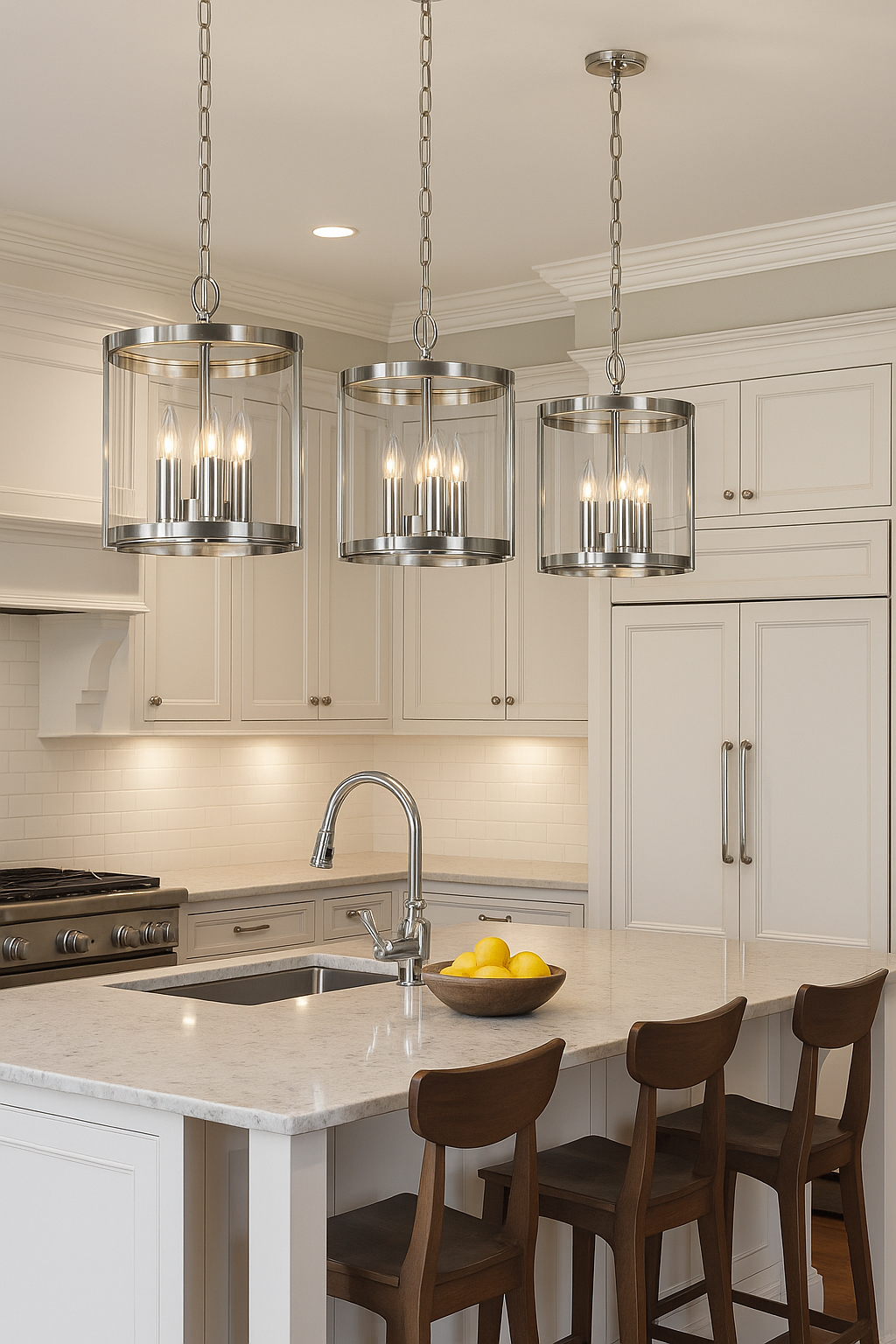 Hudson satin nickel lanterns above kitchen island