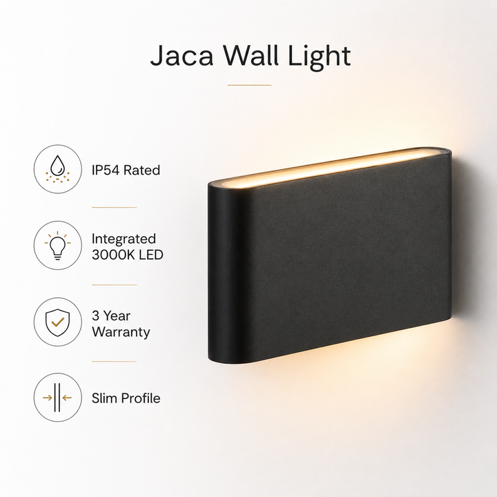 Jaca black LED wall light infographic
