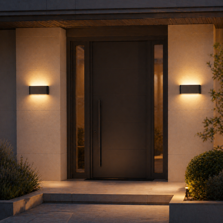 Jaca black LED wall lights by front door