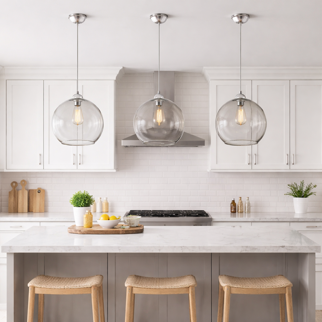 three clear glass pendant lights kitchen island silver