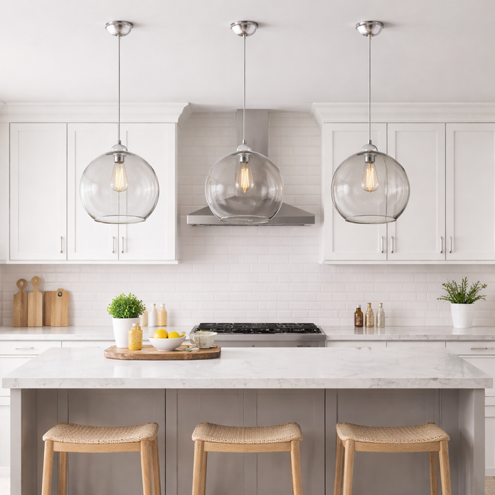 three clear glass pendant lights kitchen island silver