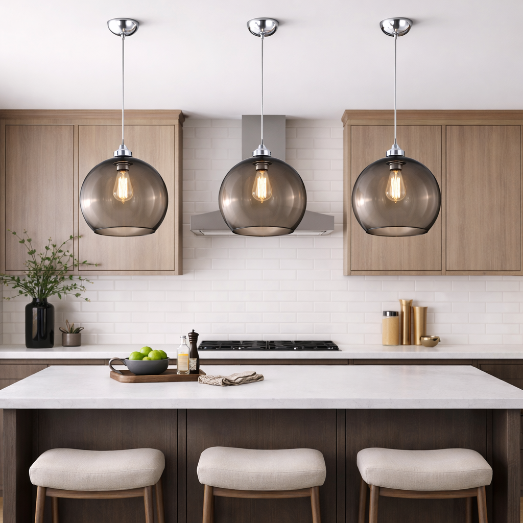 three graphite glass pendant lights kitchen island chrome