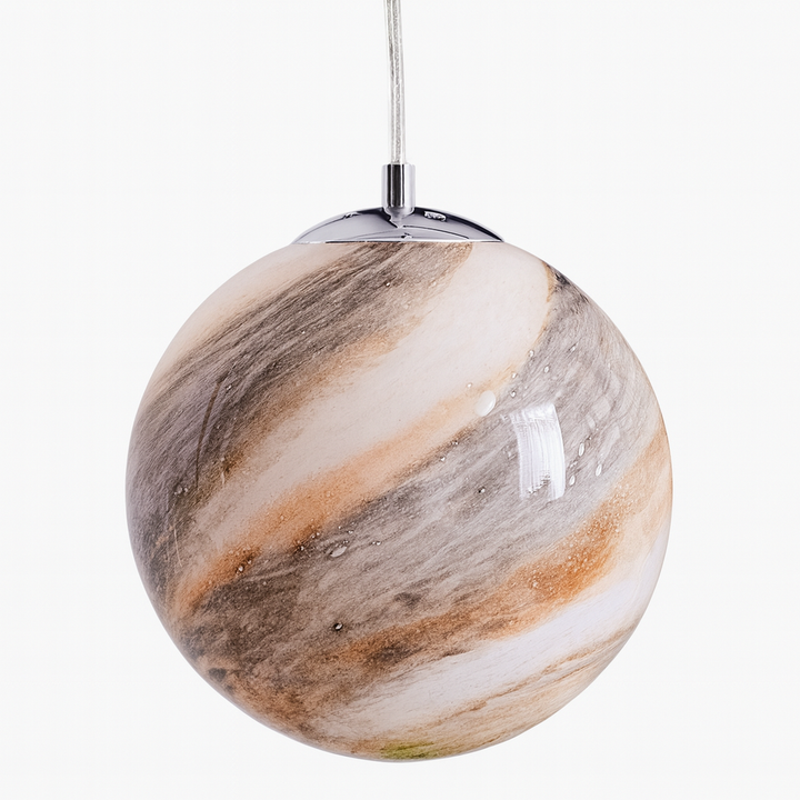 Jupiter large pendant light in taupe and white swirled glass with polished chrome cap