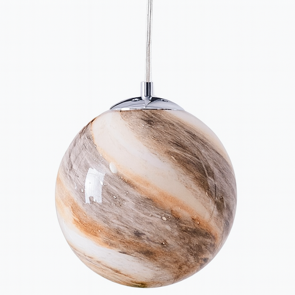 Jupiter small pendant light in taupe and white swirled glass with polished chrome cap