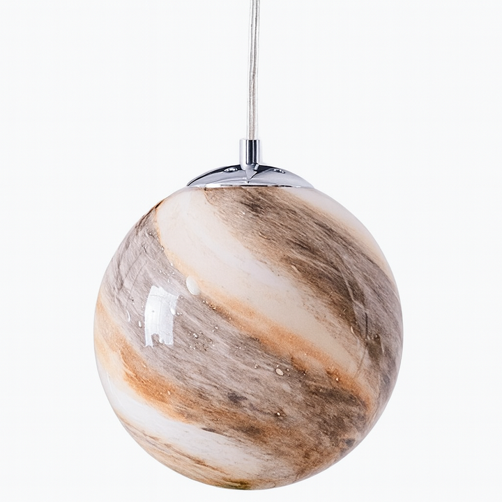 Jupiter small pendant light in taupe and white swirled glass with polished chrome cap