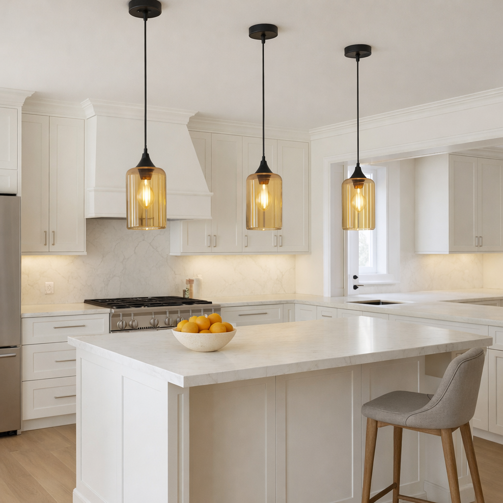 lexington amber pendant black trim kitchen island