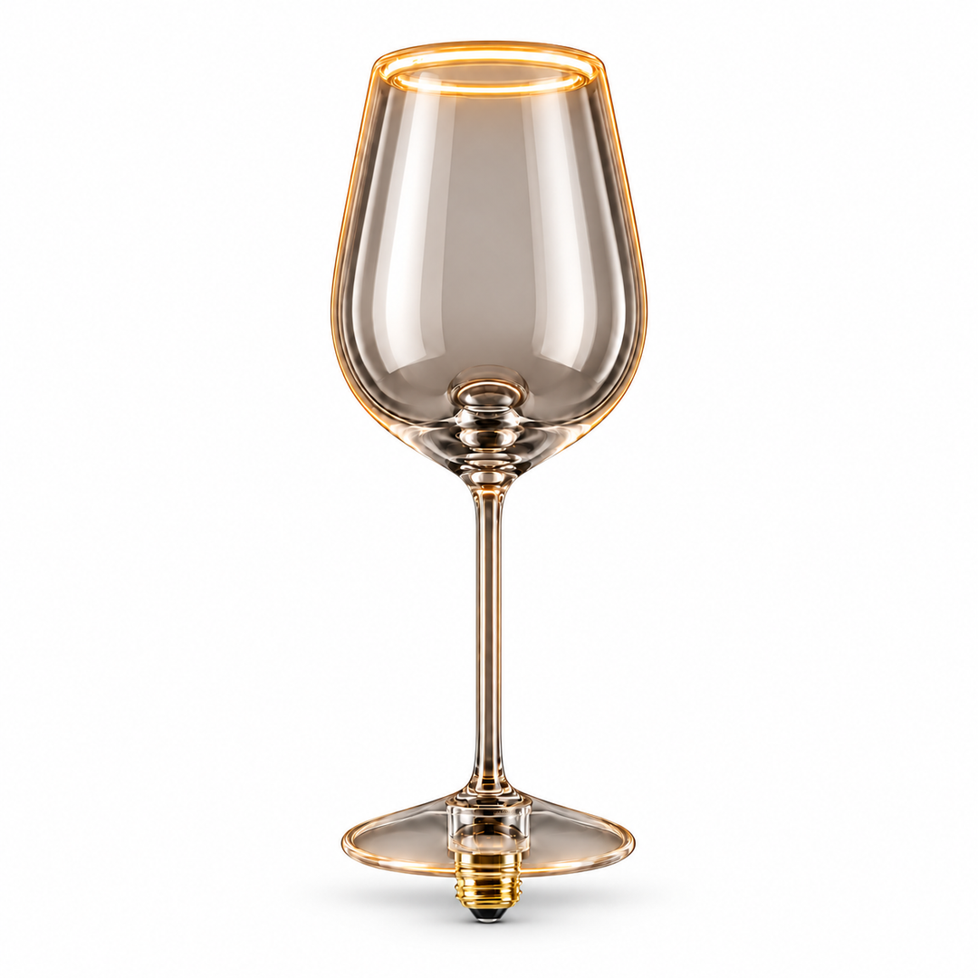 Lightly smoked wine glass Aura Ring LED bulb with E27 screw cap and warm 2200K illuminated rim on a white background