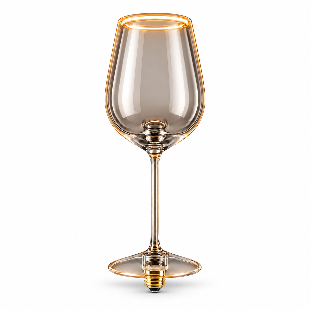Lightly smoked wine glass Aura Ring LED bulb with E27 screw cap and warm 2200K illuminated rim on a white background