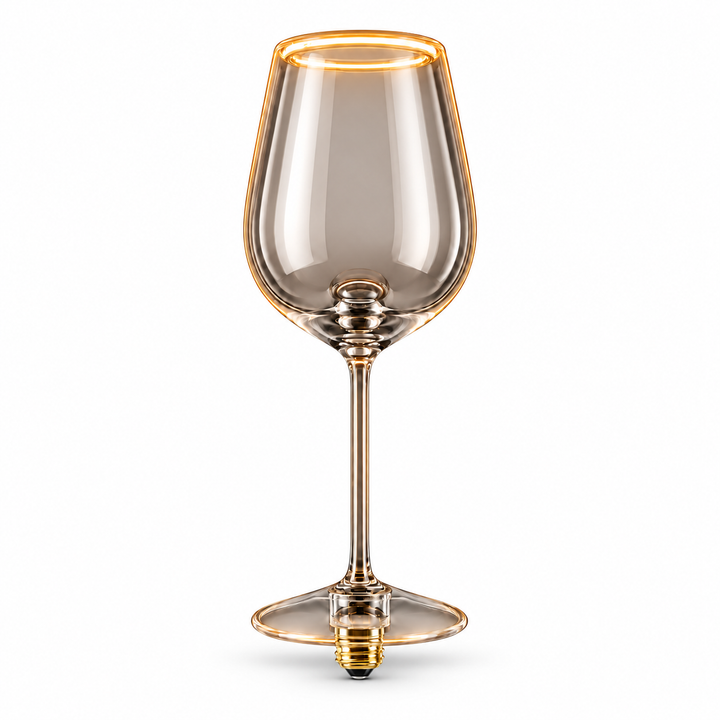 Lightly smoked wine glass Aura Ring LED bulb with E27 screw cap and warm 2200K illuminated rim on a white background