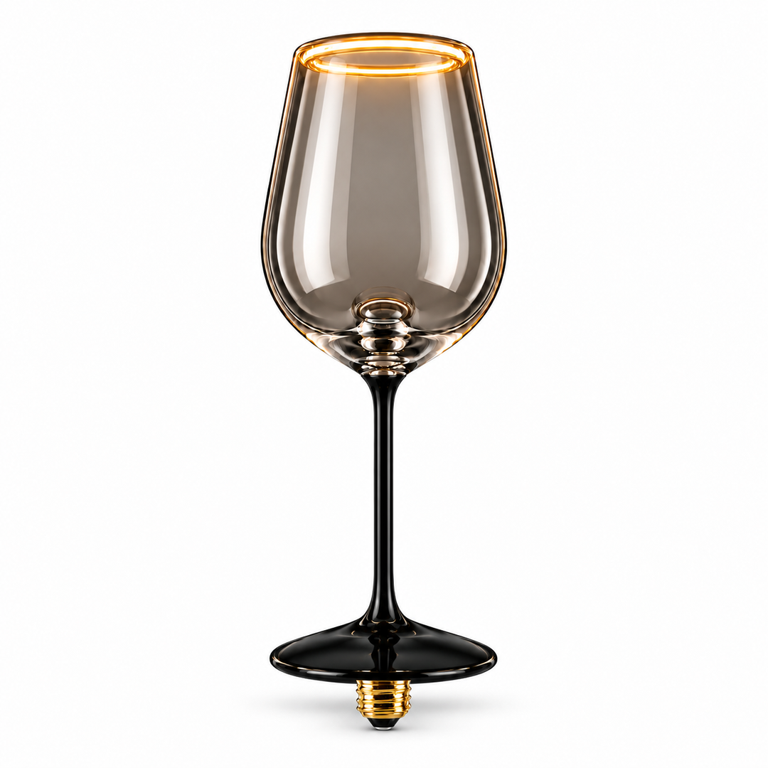 Lightly smoked wine glass Aura Ring LED bulb with E27 screw cap and warm 2200K illuminated rim on a white background