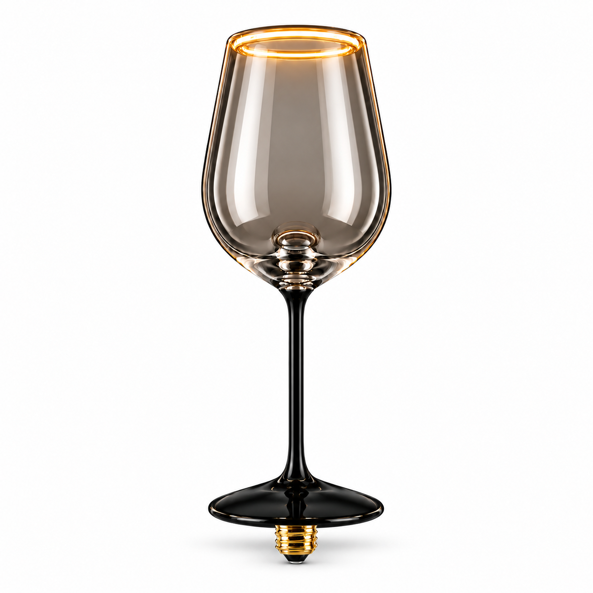 Lightly smoked wine glass Aura Ring LED bulb with E27 screw cap and warm 2200K illuminated rim on a white background