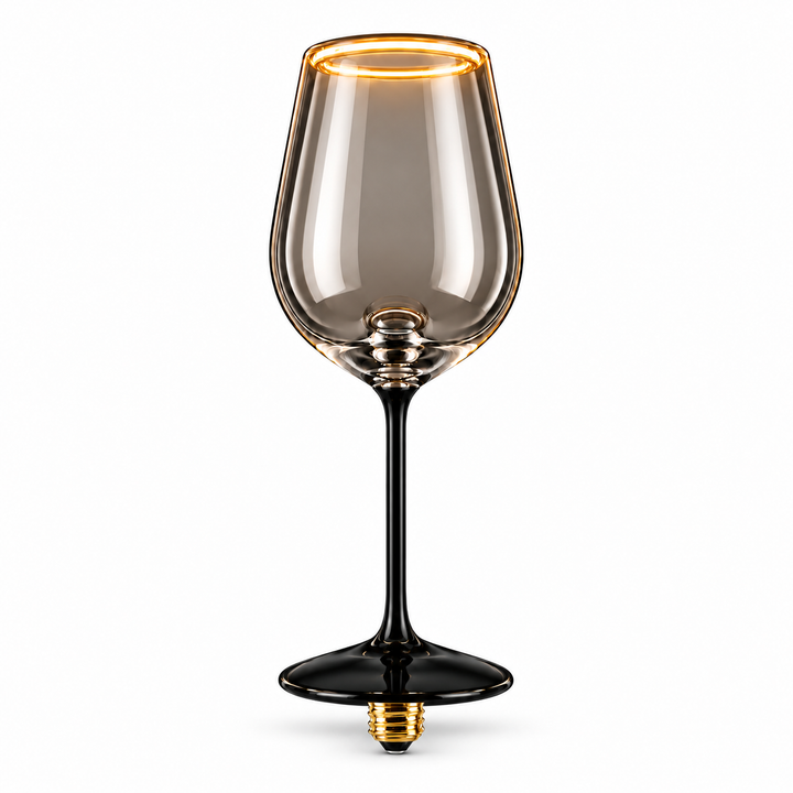 Lightly smoked wine glass Aura Ring LED bulb with E27 screw cap and warm 2200K illuminated rim on a white background