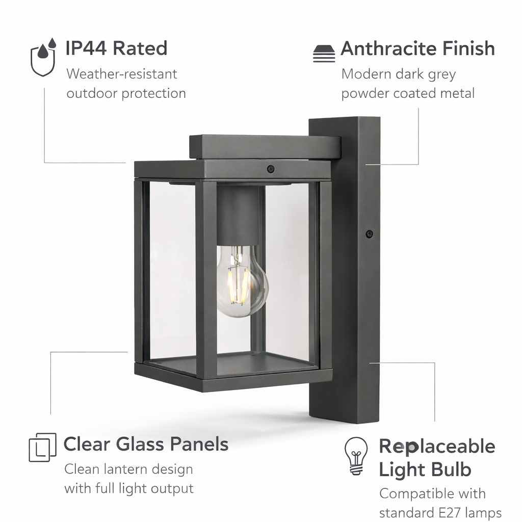 anthracite outdoor lantern wall light ip44 features graphic