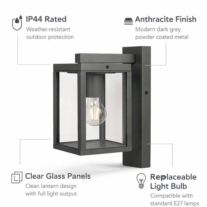 anthracite outdoor lantern wall light ip44 features graphic