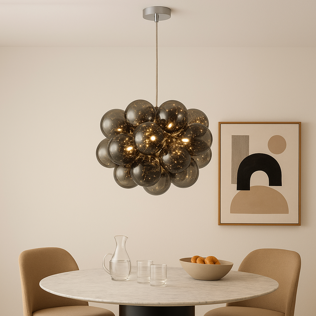Luxury Loxton large black bubble glass pendant light, 50cm wide, styled above a round marble dining table with modern artwork and beige chairs.