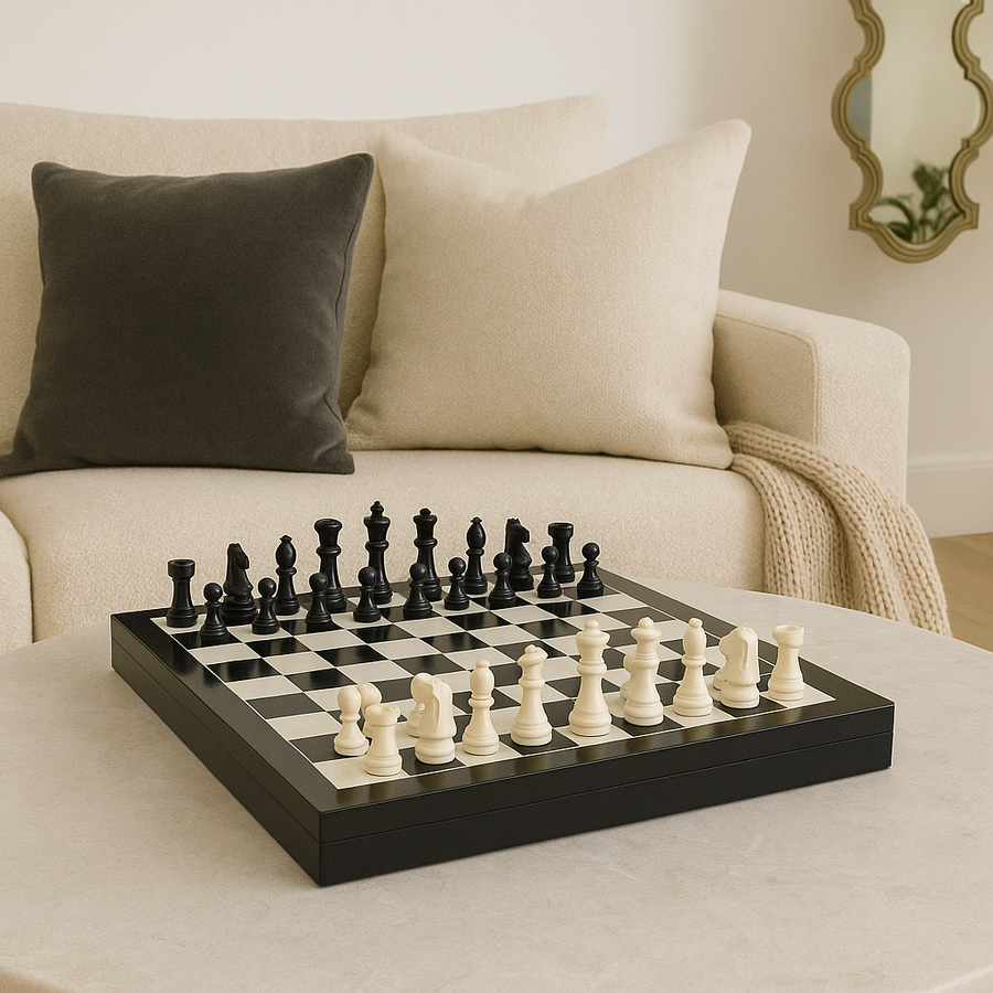 Luxury black and white chess set on marble table