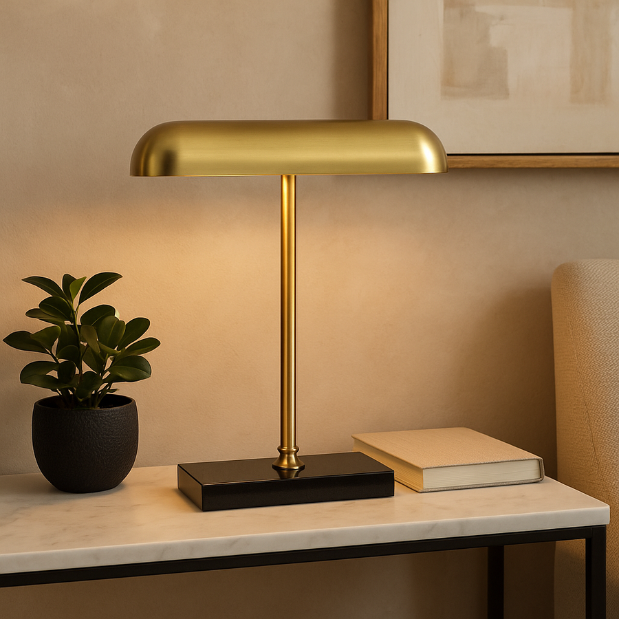 Luxury brass table lamp with black base styled on a marble console beside a plant and book in a modern home interior