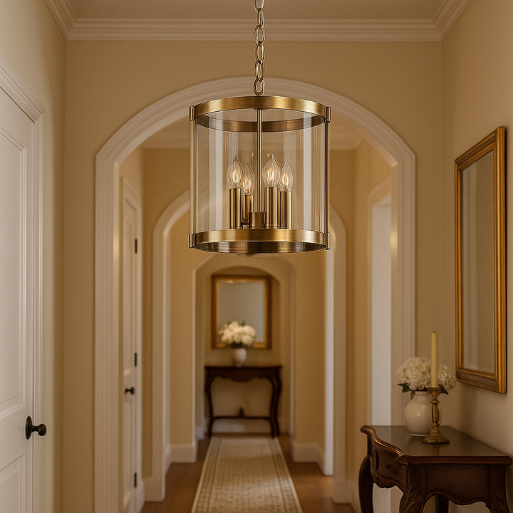 Luxury brass and glass ceiling lantern light styled in a classic hallway